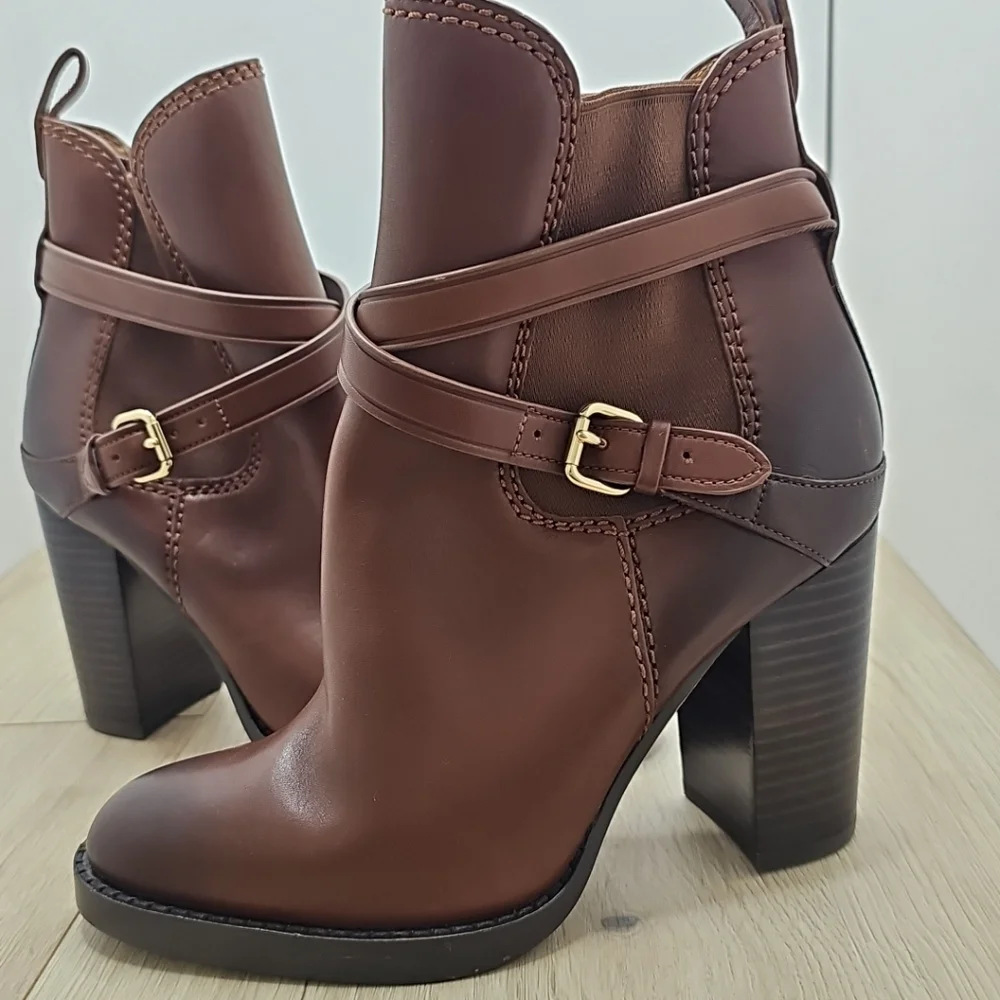 NEW WOMENS COACH JACKSON DARK SADDLE BROWN VEGAN LEATHER ANKLE BOOTS SIZE 9 - Picture 2 of 7